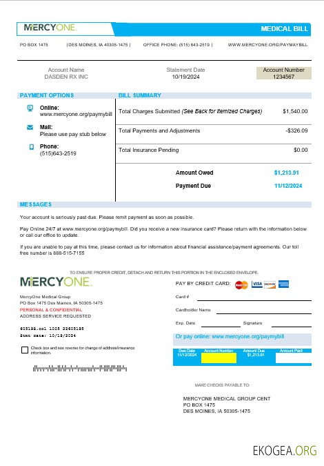 États Unis Iowa Modèle de facture de services publics MercyOne pour entreprise médicale aux formats Word et PDF